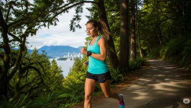A young BC resident jogging on a Vancouver trail while checking a smartwatch tracking fitness data