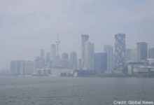 Hazy skyline of the Central Fraser Valley with wildfire smoke reducing visibility and air quality
