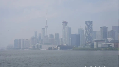 Hazy skyline of the Central Fraser Valley with wildfire smoke reducing visibility and air quality