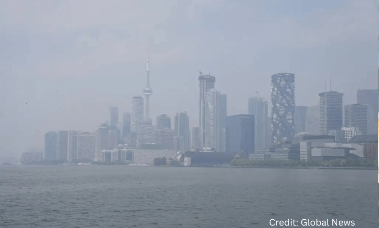 Hazy skyline of the Central Fraser Valley with wildfire smoke reducing visibility and air quality