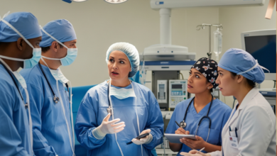 Doctors and nurses in discussion before surgery to encourage teamwork and reduce toxic behavior