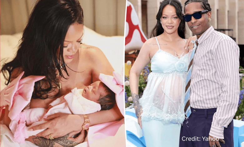 Rihanna cradling newborn daughter Rocki in a soft pink wrap during the public birth reveal