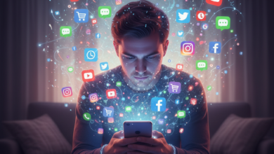 Person using a smartphone surrounded by app notifications, illustrating smartphone use and smartphone addiction.