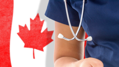 Canada immigration pathway for doctors concept showing a physician with stethoscope in front of the Canadian flag.