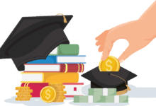 Illustration of graduation caps, books, and coins representing BC Student Loan Relief programs helping students manage education debt.