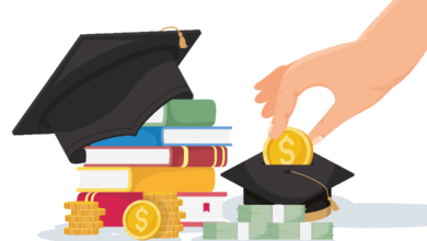 Illustration of graduation caps, books, and coins representing BC Student Loan Relief programs helping students manage education debt.