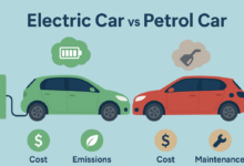 Electric vs Petrol Cars BC comparison showing green electric car charging and red petrol car highlighting cost and maintenance differences.