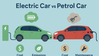 Electric vs Petrol Cars BC comparison showing green electric car charging and red petrol car highlighting cost and maintenance differences.