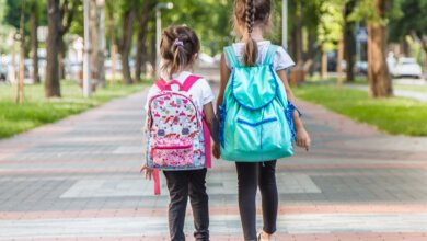 Children walking to school with backpacks