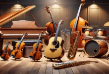 A visual representation of the evolution of music genres, featuring historical and modern instruments.