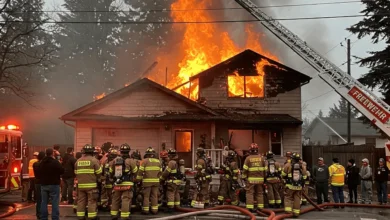 Firefighters working to contain the Chilliwack house fire, saving eight lives.