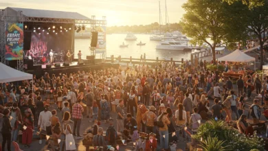 Crowds enjoying food trucks, live music, and vibrant summer vibes at Fridays on Front 2025 in New Westminster.