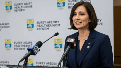 Mayor Brenda Locke speaking at a press conference about Surrey's healthcare reform plan