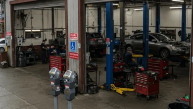 A mechanic shop in North Vancouver with paid parking meters nearby, illustrating the impact of new parking policies on local auto businesses.