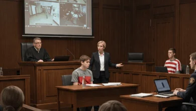 Courtroom scene from the Surrey attempted murder trial, highlighting legal proceedings and the importance of digital evidence.