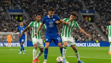 Chelsea and Real Betis players battle for the ball during the UEFA Conference League Final 2025 at Stadion Wrocław