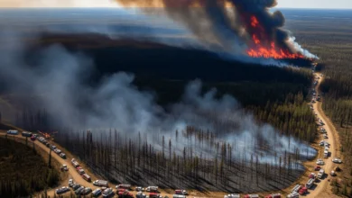 Aerial photo of the Flin Flon wildfire burning through dry forest in Manitoba, May 2025