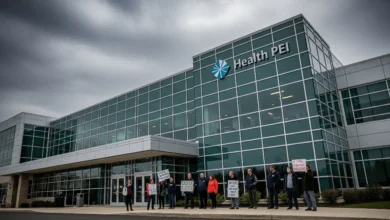 Health PEI building reflecting controversy over interim executive pay and public sector salaries