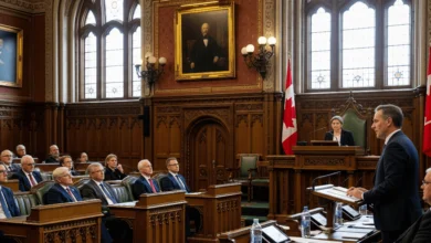 Historic Canadian parliamentary setting with officials seated during a formal address