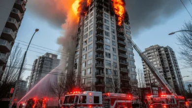 Firefighters battling a large apartment fire in New Westminster, British Columbia, with smoke billowing from the top floors