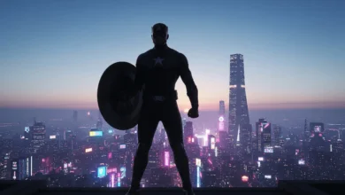 Silhouette of a superhero holding a shield, standing in front of a glowing futuristic city skyline at dusk