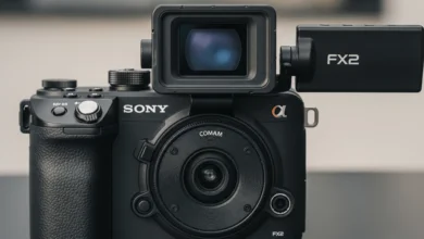 Front view of the Sony FX2 hybrid cinema camera showing compact body and tilting EVF