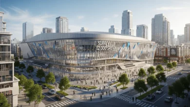 Architectural rendering of Surrey’s new 12,000-seat multi-purpose arena in City Centre, highlighting future cultural and economic development.