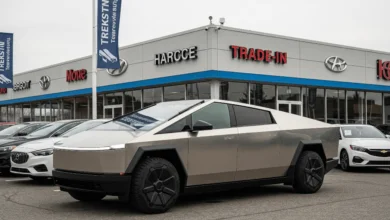 Tesla Cybertruck parked outside dealership representing trade-in depreciation