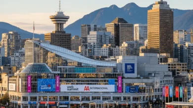 Vancouver skyline with Convention Centre prepared for Web Summit and AA International conferences in 2025