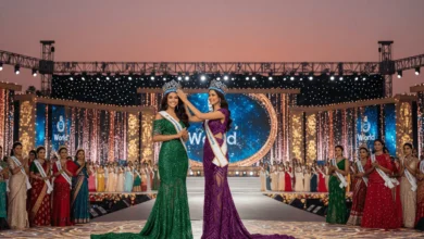 Opal Suchata from Thailand receives the Miss World 2025 crown on stage in Hyderabad