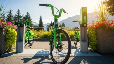 A Lime e‑bike parked at a designated Lime Grove hub in North Vancouver during the e‑bike share program