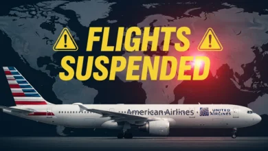 Grounded American and United Airlines planes with red glowing Middle East map in background and 'Flights Suspended' warning text.