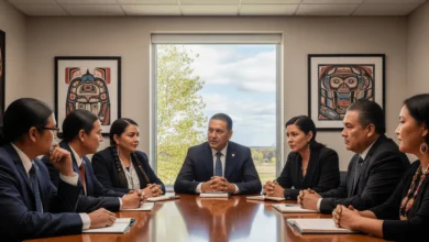 A group of Indigenous leaders and politicians discussing healthcare reforms in Ontario.