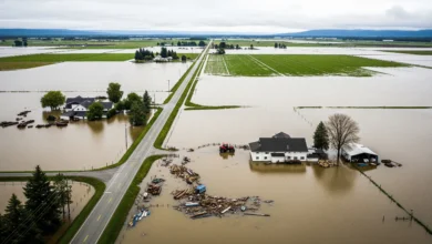 Flooded farmlands and roads in Abbotsford’s Sumas Prairie after heavy rainfall in British Columbia