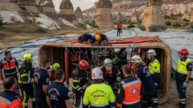 Emergency response team at the site of a hot air balloon crash in Turkey’s Cappadocia region, June 2025.