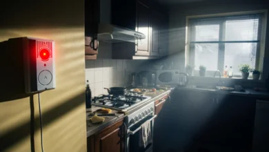 Wall-mounted carbon monoxide detector flashing red during a residential gas leak