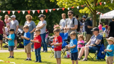 Children participating in the free kids' fishing derby at Lions Park during Canada Day 2025 in Port Coquitlam