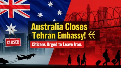 Split image with Australian flag over a closed embassy and Tehran skyline with red warning tint, airplane icon, warning symbol, and people evacuating