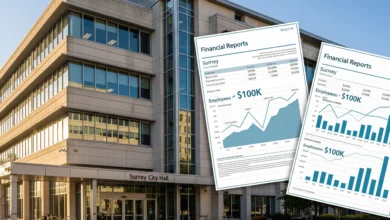 A view of Surrey City Hall with financial reports highlighting employee salaries over $100K