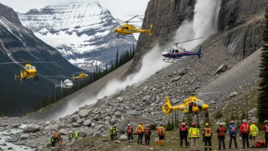 Emergency crews and helicopters respond to a rock slide near Bow Glacier Falls in Banff National Park, Alberta