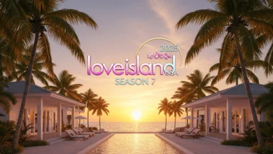 A tropical villa setting with palm trees, a glowing sunset, and the Love Island USA Season 7 logo, teasing the new season in 2025.