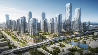 A digital rendering of Surrey City Centre’s future skyline showcasing planned high-rises, green spaces, and transit corridors.