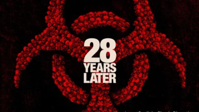 Official poster of 28 Years Later showing the film's cast with a dark, apocalyptic background