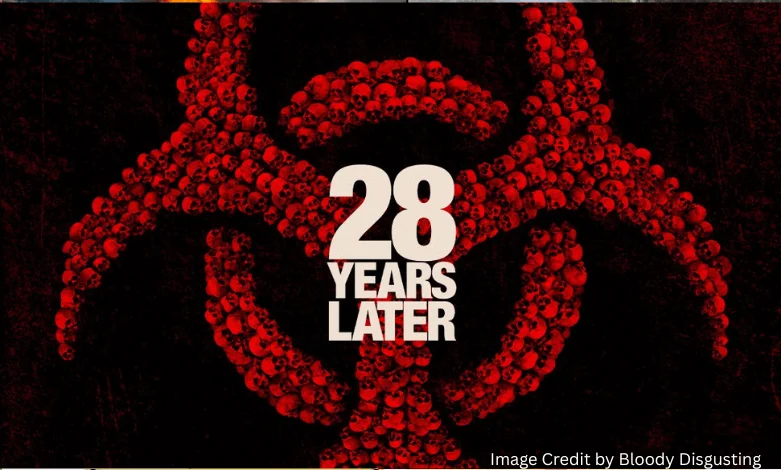 Official poster of 28 Years Later showing the film's cast with a dark, apocalyptic background