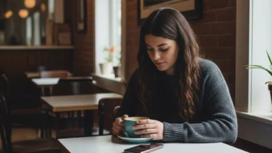 Woman sitting at a quiet Manitoba café during a social media blackout, sipping coffee with her phone face-down.