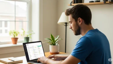 Young Canadian using a laptop with Notion app open while working from home, surrounded by natural light and minimal workspace.
