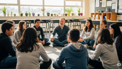Middle school students in Fraser Valley sitting in a circle doing mindfulness exercises with a teacher