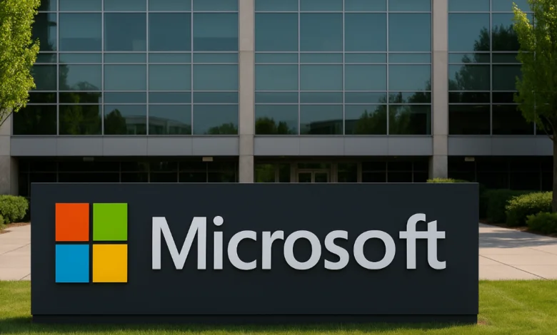Microsoft headquarters sign in front of modern office building during 2025 Microsoft layoffs announcement