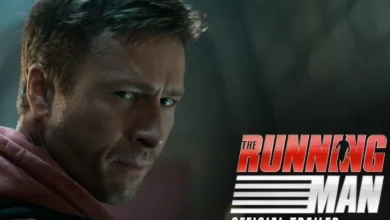 Glen Powell starring in The Running Man Reboot, looking intense in a dystopian setting.