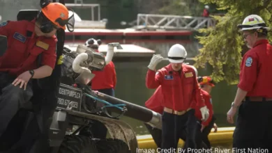 BC Wildfire Service and local firefighters working together to suppress a wildfire near a forested community in British Columbia.